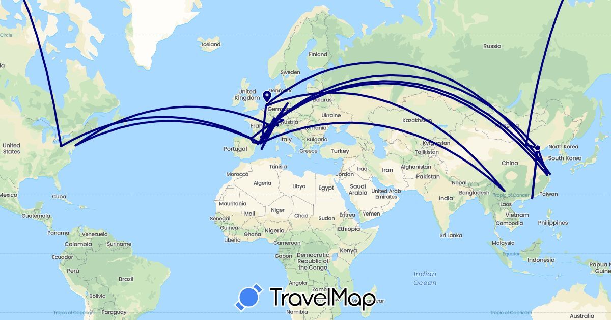 TravelMap itinerary: driving in Switzerland, China, Germany, Spain, France, Hong Kong, Netherlands, United States (Asia, Europe, North America)